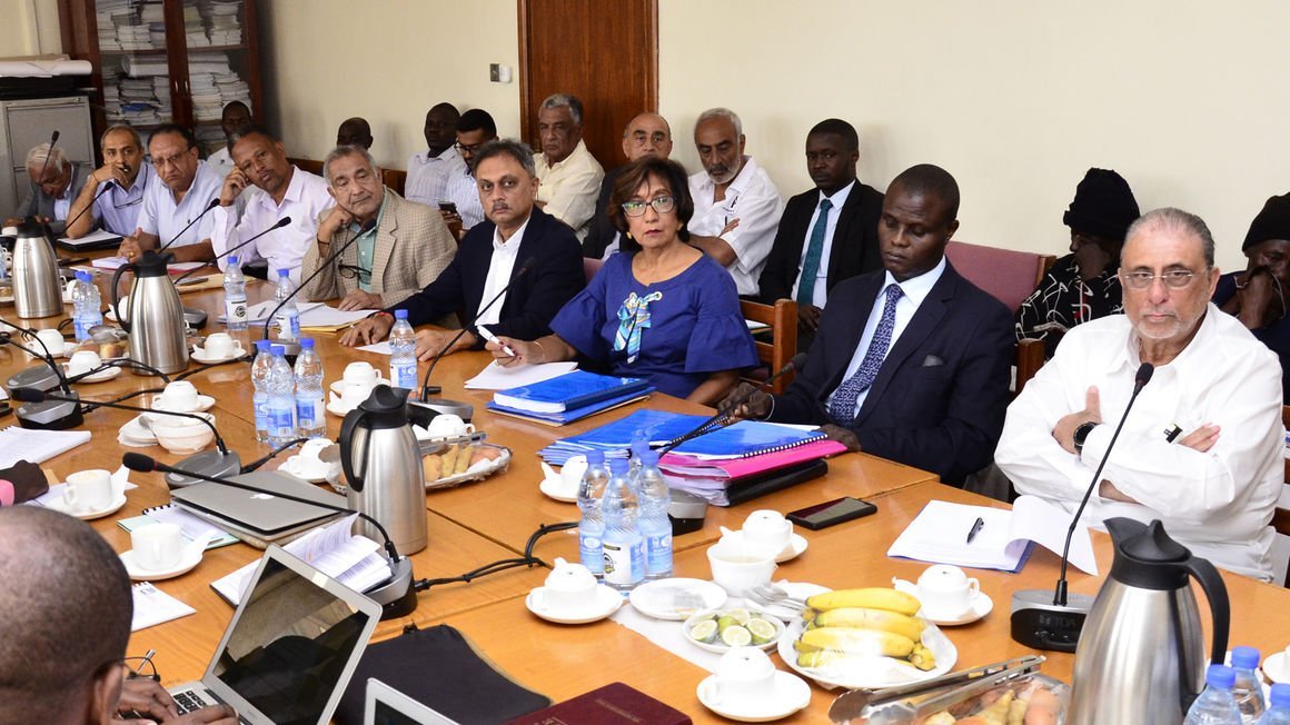 Association of the Expropriated Properties’ Owners Association led by their chairman Muhammad Allibhai (right) appears before the sub-Committee on Commissions, Statutory Authorities and State Enterprises (COSASE) investigating the Departed Asians Properties Custodian Board at Parliament on September 11, 2019.