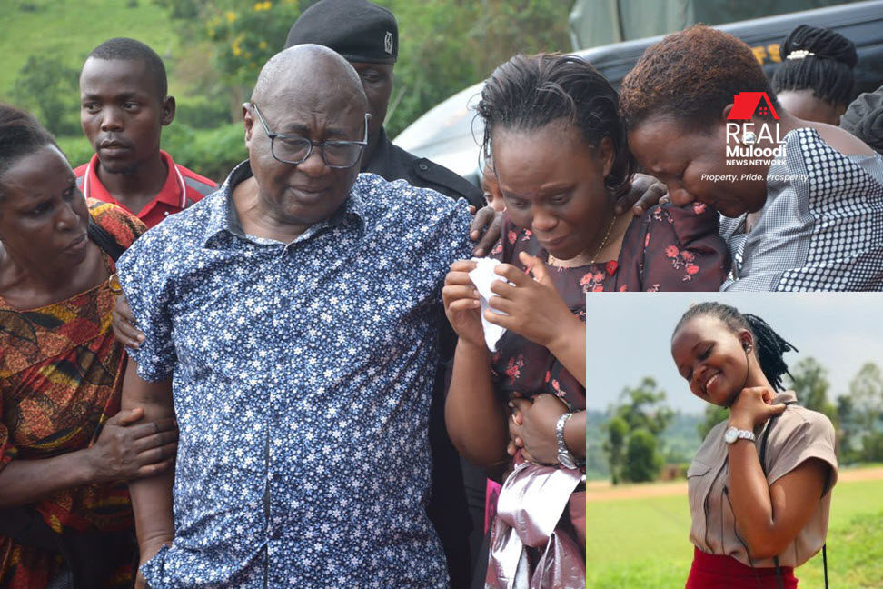 A distraught State Minister of Lands, Sam Mayanja, and his wife Rose Mayanja, mourning the death of their 23 year old daughter, Belinda Birungi (inset).