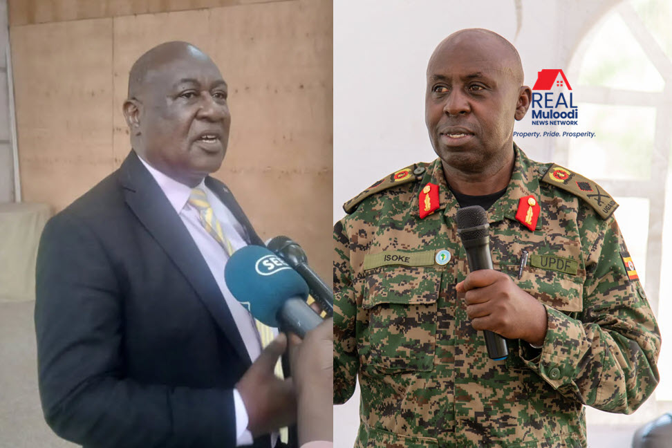 The State Minister for Lands, Dr. Sam Mayanja (left), Head of the State House Anti-corruption Unit, Brig. Gen. Henry Isoke (right)