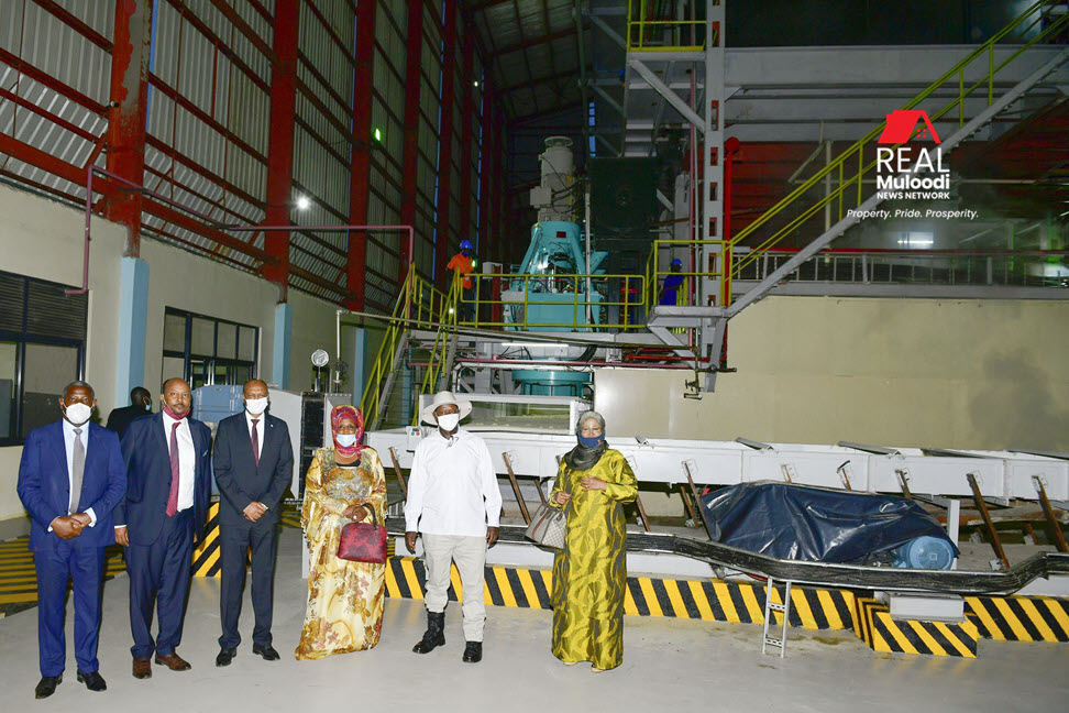 Uganda and Somali top government officials touring the Atiak Sugar Factory in 2020, including H.E President Museveni, and the First Lady of the Republic of Somalia, Saynab Abdi Moallim. Funding for the factory now approved in the Supplementary Budget